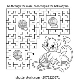 Maze or Labyrinth Game. Puzzle. Coloring Page Outline Of cartoon cat with ball of yarn. Coloring book for kids.