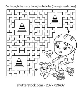 Maze or Labyrinth Game. Puzzle. Coloring Page Outline Of cartoon girl on roller skates with dog. Sport activity. Coloring book for kids.