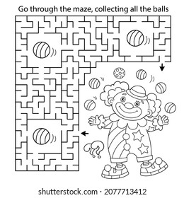 Maze or Labyrinth Game. Puzzle. Coloring Page Outline Of cartoon circus clown with colorful balls. Coloring book for kids.