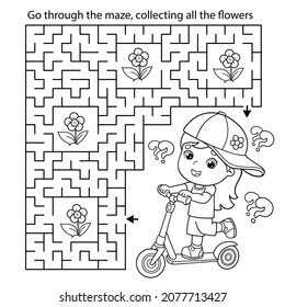 Maze or Labyrinth Game. Puzzle. Coloring Page Outline Of cartoon girl with scooter. Sport activity. Coloring book for kids.