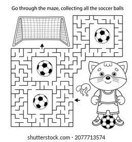 Maze or Labyrinth Game. Puzzle. Coloring Page Outline Of cartoon cat with soccer ball. Football. Sport activity. Coloring book for kids.