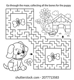 Maze or Labyrinth Game. Puzzle. Coloring Page Outline Of cartoon little dog with doghouse or kennel. Coloring book for kids.