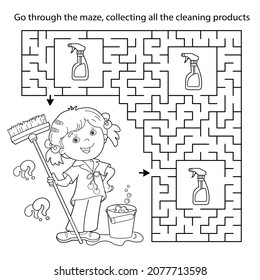 Maze or Labyrinth Game. Puzzle. Coloring Page Outline Of cartoon girl with mop and bucket. Housework and cleaning, Coloring book for kids.