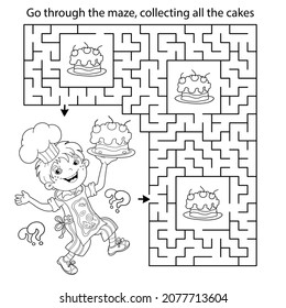 Maze or Labyrinth Game. Puzzle. Coloring Page Outline Of cartoon fun boy chef with cake. Little cook or scullion. Profession. Coloring book for kids.