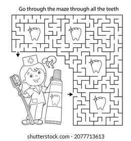 Juego de laberinto o laberinto. Rompecabezas. Esbozo de página de color del médico caricaturista con cepillo de dientes y pasta dental. Libro de colorear para niños.