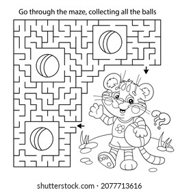 Maze or Labyrinth Game. Puzzle. Coloring Page Outline Of cartoon little tiger cub with ball. Coloring book for kids.