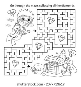 Maze or Labyrinth Game. Puzzle. Coloring Page Outline Of cartoon boy scuba diver with chest of treasure. Marine photography or shooting. Underwater world. Coloring book for kids.