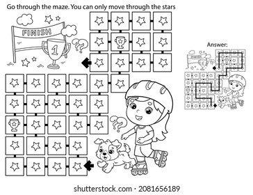 Maze or Labyrinth Game. Puzzle. Coloring Page Outline Of cartoon girl on roller skates with dog. Sport activity. Coloring book for kids.