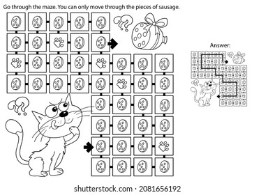 Maze or Labyrinth Game. Puzzle. Coloring Page Outline Of cartoon cat with sausage. Coloring book for kids.