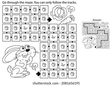 Maze or Labyrinth Game. Puzzle. Coloring Page Outline Of cartoon little bunny or hare with carrot and cabbage . Coloring book for kids.