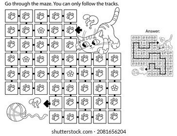 Maze or Labyrinth Game. Puzzle. Coloring Page Outline Of cartoon cat with ball of yarn. Coloring book for kids.