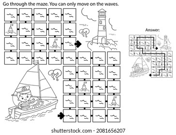 Maze or Labyrinth Game. Puzzle. Coloring Page Outline Of cartoon sail ship with sailor. Profession. Coloring book for kids. Coloring book for kids.