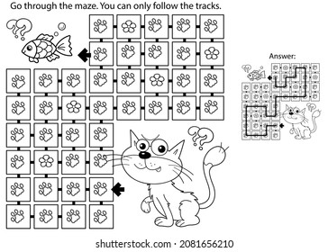 Maze or Labyrinth Game. Puzzle. Coloring Page Outline Of cartoon cat with fish. Coloring book for kids.