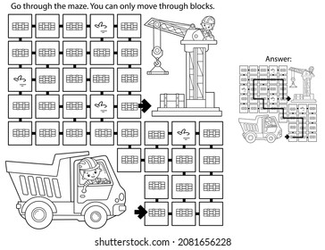 Maze or Labyrinth Game. Puzzle. Coloring Page Outline Of cartoon lorry or dump truck. Elevating crane on build. Construction vehicles. Coloring book for kids.