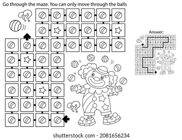 Maze or Labyrinth Game. Puzzle. Coloring Page Outline Of cartoon circus clown with colorful balls. Coloring book for kids.
