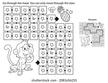 Juego de laberinto o laberinto. Rompecabezas. Esbozo de la página de color del pequeño mono de dibujos animados con piñas. Recolectar frutas. Libro de colorear para niños.
