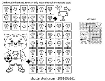 Maze or Labyrinth Game. Puzzle. Coloring Page Outline Of cartoon cat with soccer ball. Football. Sport activity. Coloring book for kids.
