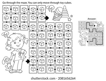 Maze or Labyrinth Game. Puzzle. Coloring Page Outline Of cartoon girl with toys. Coloring book for kids.
