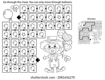 Maze or Labyrinth Game. Puzzle. Coloring Page Outline Of cartoon circus clown with colorful balloons. Coloring book for kids.