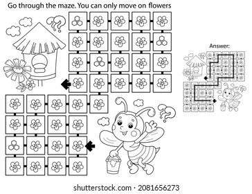 Maze or Labyrinth Game. Puzzle. Coloring Page Outline Of cartoon little bee with bucket of honey. Collect all flower. Coloring book for kids.