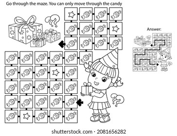 Maze or Labyrinth Game. Puzzle. Coloring Page Outline Of cartoon little girl with gifts. Birthday. Coloring book for kids.