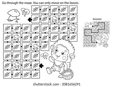 Maze or Labyrinth Game. Puzzle. Coloring Page Outline Of cartoon little hedgehog with basket of mushrooms. Coloring book for kids.