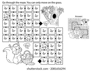 Maze Or Labyrinth Game. Puzzle. Coloring Page Outline Of Cartoon Squirrel With Basket Of Mushrooms. Tree Hollow. Coloring Book For Kids.