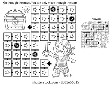 Maze or Labyrinth Game. Puzzle. Coloring Page Outline Of cartoon little pirate with treasure chest. Coloring book for kids.