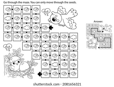 Maze oder Labyrinth Game. Rätsel. Farbige Seite Umriss von Cartoon Vogel mit wenig Küken und Ei im Nest. Farbbuch für Kinder.