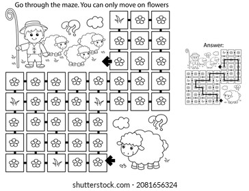 Maze or Labyrinth Game. Puzzle. Coloring Page Outline Of cartoon shepherd with flock of sheep. Farm animals. Coloring book for kids.