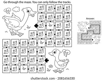 Maze or Labyrinth Game. Puzzle. Coloring Page Outline Of cartoon goose with gosling. Farm animals. Coloring book for kids.