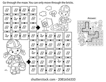 Maze or Labyrinth Game. Puzzle. Coloring Page Outline Of cartoon builders with cement mortar and trowel. Construction. Profession. Coloring book for kids.