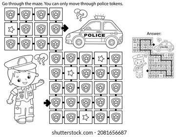 Juego de laberinto o laberinto. Rompecabezas. Esbozo de página de color del policía de caricaturas con auto. Profesión - policía. Libro de colorear para niños.