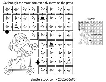 Maze or Labyrinth Game. Puzzle. Coloring Page Outline Of cartoon girl with scooter. Sport activity. Coloring book for kids.