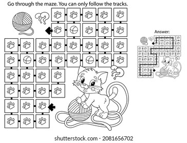 Maze or Labyrinth Game. Puzzle. Coloring Page Outline Of cartoon cat with ball of yarn. Coloring book for kids.