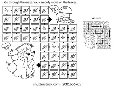 Maze or Labyrinth Game. Puzzle. Coloring Page Outline Of cartoon little hedgehog with basket of mushrooms. Coloring book for kids.
