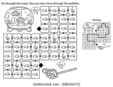 Maze or Labyrinth Game. Puzzle. Coloring Page Outline Of cartoon round glass aquarium with color fish. Coloring book for kids.