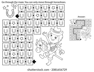 Maze or Labyrinth Game. Puzzle. Coloring Page Outline Of cartoon Boy playing cowboy with toy horse. Housework and cleaning, Coloring book for kids.