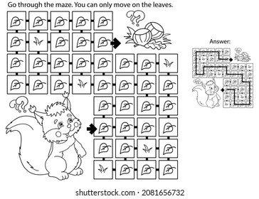 Maze or Labyrinth Game. Puzzle. Coloring Page Outline Of cartoon squirrel with nuts. Coloring book for kids.