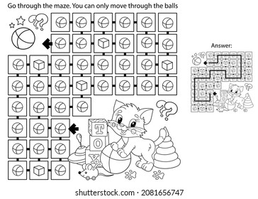 Maze or Labyrinth Game. Puzzle. Coloring Page Outline Of cartoon little cat with toys. Kitten. Coloring book for kids.