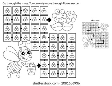 Maze or Labyrinth Game. Puzzle. Coloring Page Outline Of cartoon little bee with bucket of honey. Coloring book for kids.