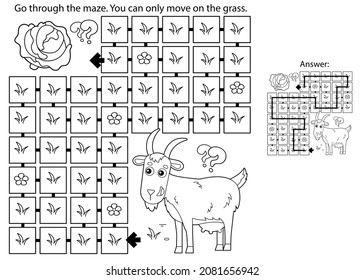 Maze or Labyrinth Game. Puzzle. Coloring Page Outline Of cartoon goat with cabbage. Farm animals. Coloring book for kids.
