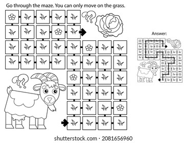 Maze or Labyrinth Game. Puzzle. Coloring Page Outline Of cartoon goat with cabbage. Farm animals. Coloring book for kids.