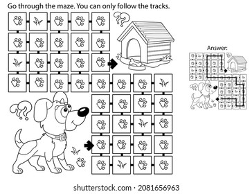 Maze or Labyrinth Game. Puzzle. Coloring Page Outline Of cartoon little dog with doghouse or kennel. Coloring book for kids.