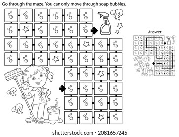 Juego de laberinto o laberinto. Rompecabezas. Esbozo de la página de color de la niña caricaturizada con mop y balde. Trabajo doméstico y limpieza, libro de colorear para niños.