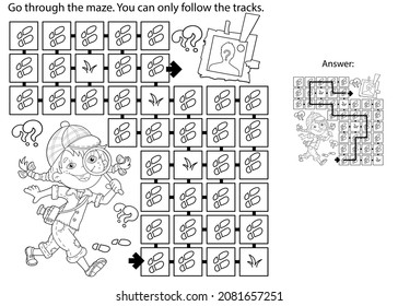 Maze or Labyrinth Game. Puzzle. Coloring Page Outline Of cartoon girl detective with loupe. Young Sherlock Holmes. Coloring book for kids.