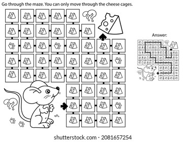 Juego de laberinto o laberinto. Rompecabezas. Esquema de la página de color del ratón divertido de dibujos animados con queso. Libro de colorear para niños.