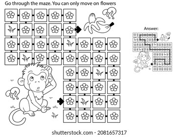Maze or Labyrinth Game. Puzzle. Coloring Page Outline Of cartoon little monkey with bananas. Coloring book for kids.