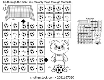 Maze or Labyrinth Game. Puzzle. Coloring Page Outline Of cartoon cat with soccer ball. Football. Sport activity. Coloring book for kids.