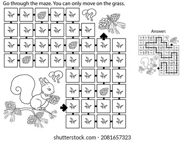 Maze or Labyrinth Game. Puzzle. Coloring Page Outline Of cartoon squirrel with fir cones. Coloring book for kids.